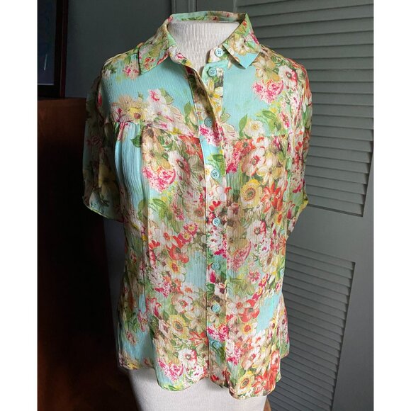 Silk Button-down Short Puff Sleeves Floral Blouse Aqua 6 - Picture 4 of 12